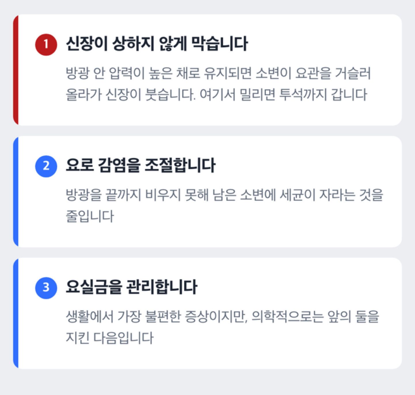 신경인성 방광 치료가 신장 보존, 요로 감염 조절, 요실금 관리 순서로 올라가는 것을 단계로 보여주는 도해
