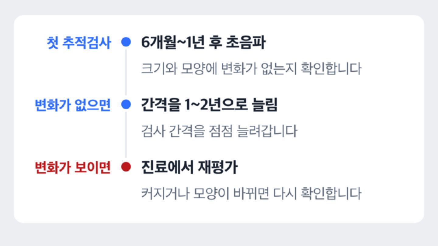 추적관찰 간격 타임라인(6개월~2년 간격으로 검사, 변화 없으면 간격을 늘려감)