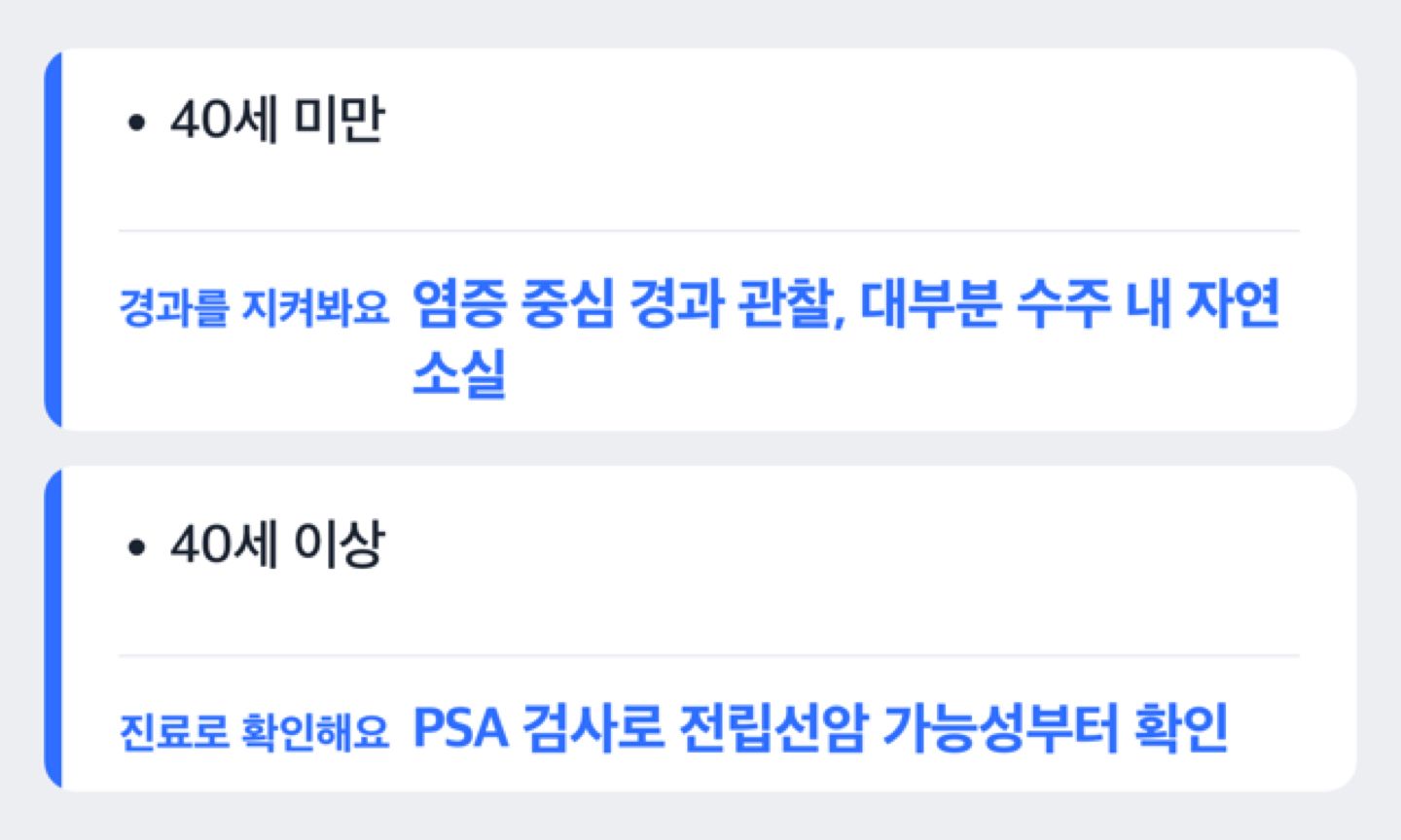 40세를 기준으로 경과 관찰과 PSA 검사로 나뉘는 분기 도해