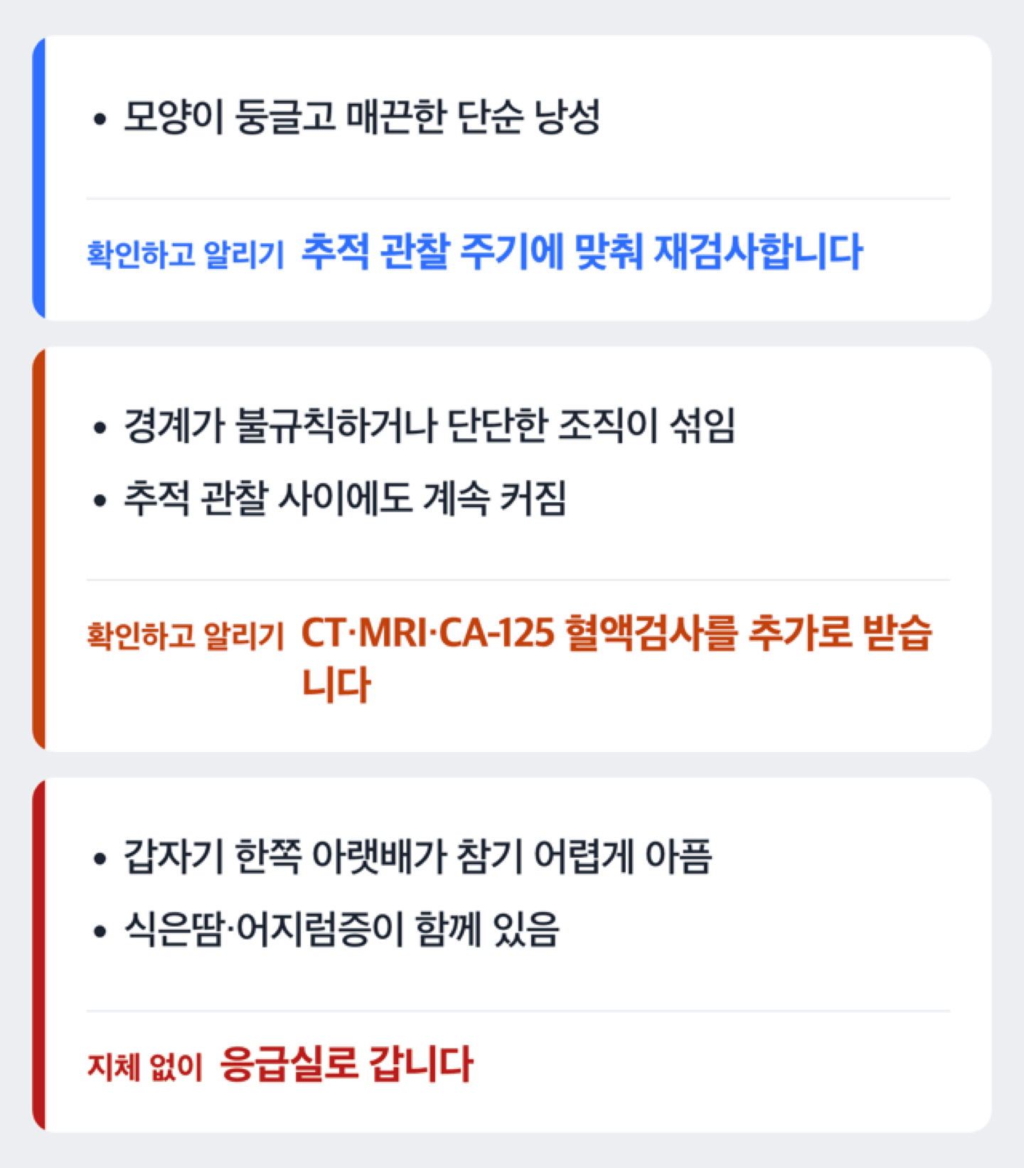 초음파 소견에 따라 추적관찰과 정밀검사로 나뉘는 확인 흐름도