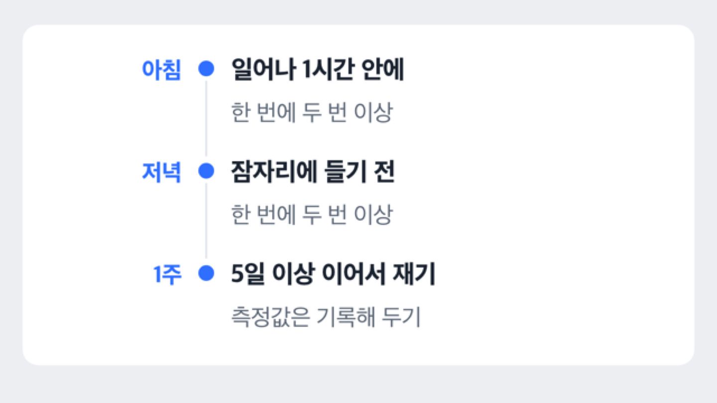 가정혈압 측정 시점을 보여 주는 타임라인 도해: 아침에 일어나 1시간 안, 저녁에 잠자리에 들기 전, 1주에 5일 이상