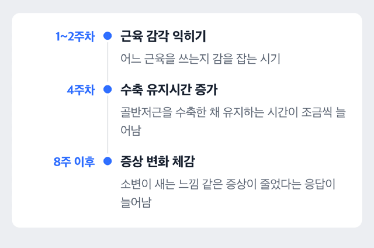 케겔운동기구 사용 1~2주차 근육 감각 익히기, 4주차 수축 유지시간 늘리기, 8주 이후 증상 변화 체감까지 이어지는 시간 흐름 도해