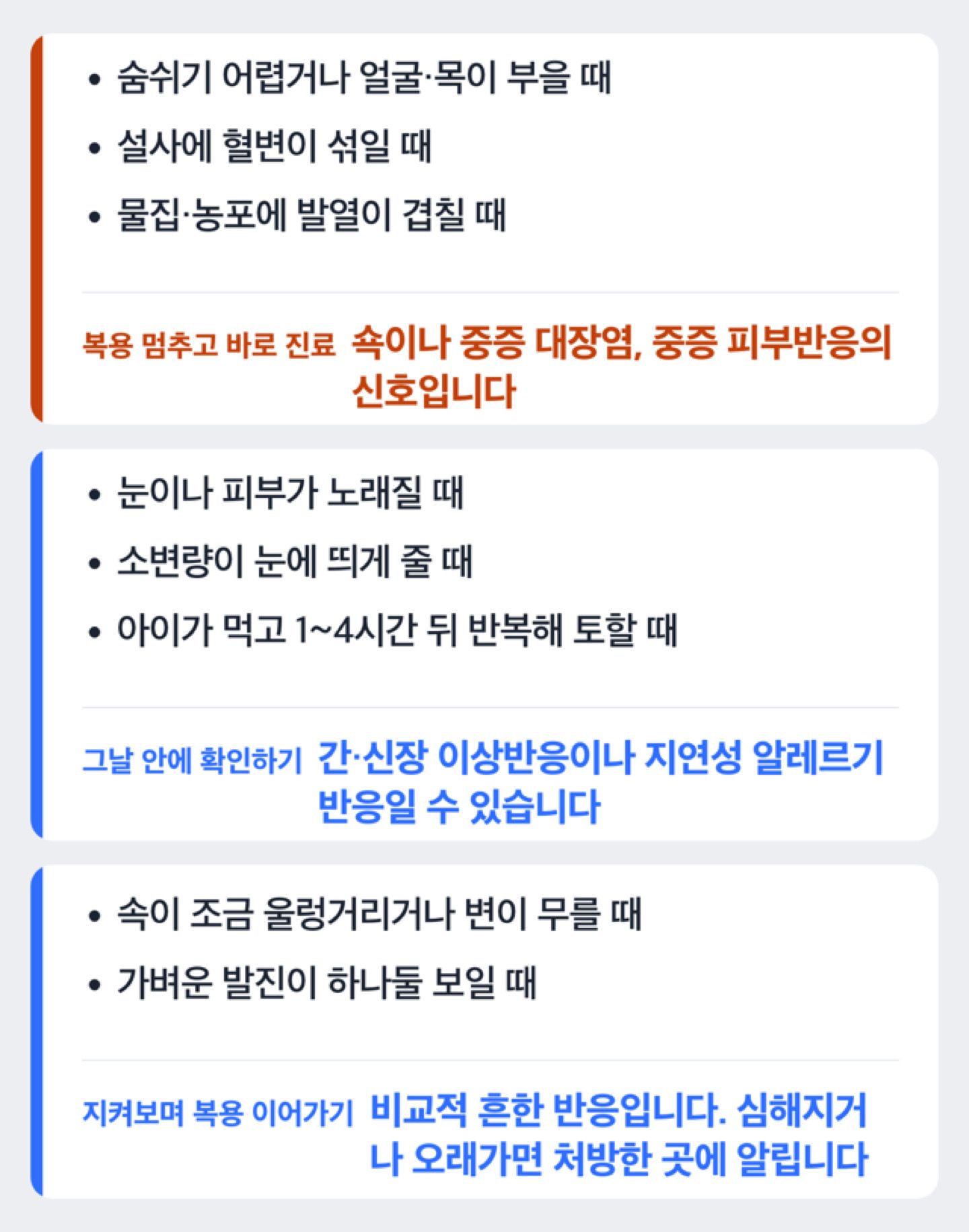아목시실린 복용 중 지켜봐도 되는 반응과 복용을 멈추고 바로 진료를 받아야 하는 신호를 두 갈래로 나눈 도해