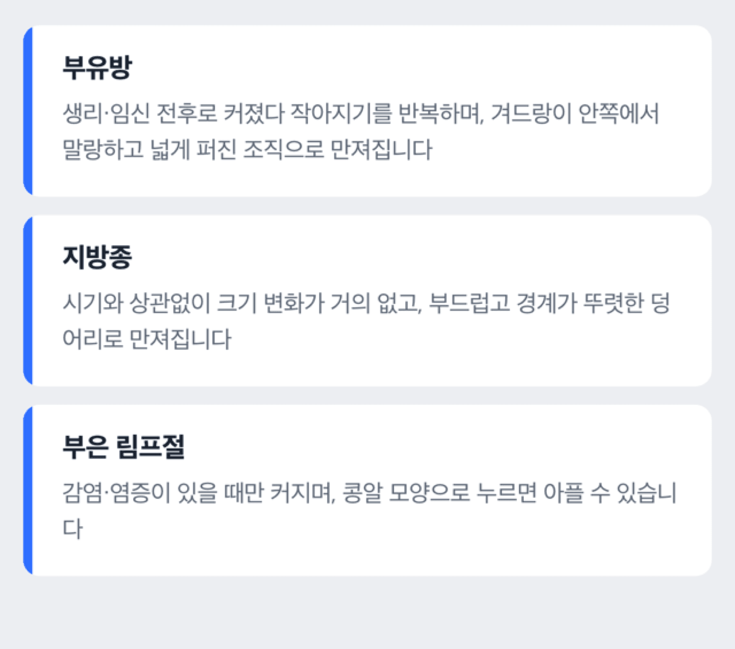 부유방·지방종·부은 림프절 비교 도해