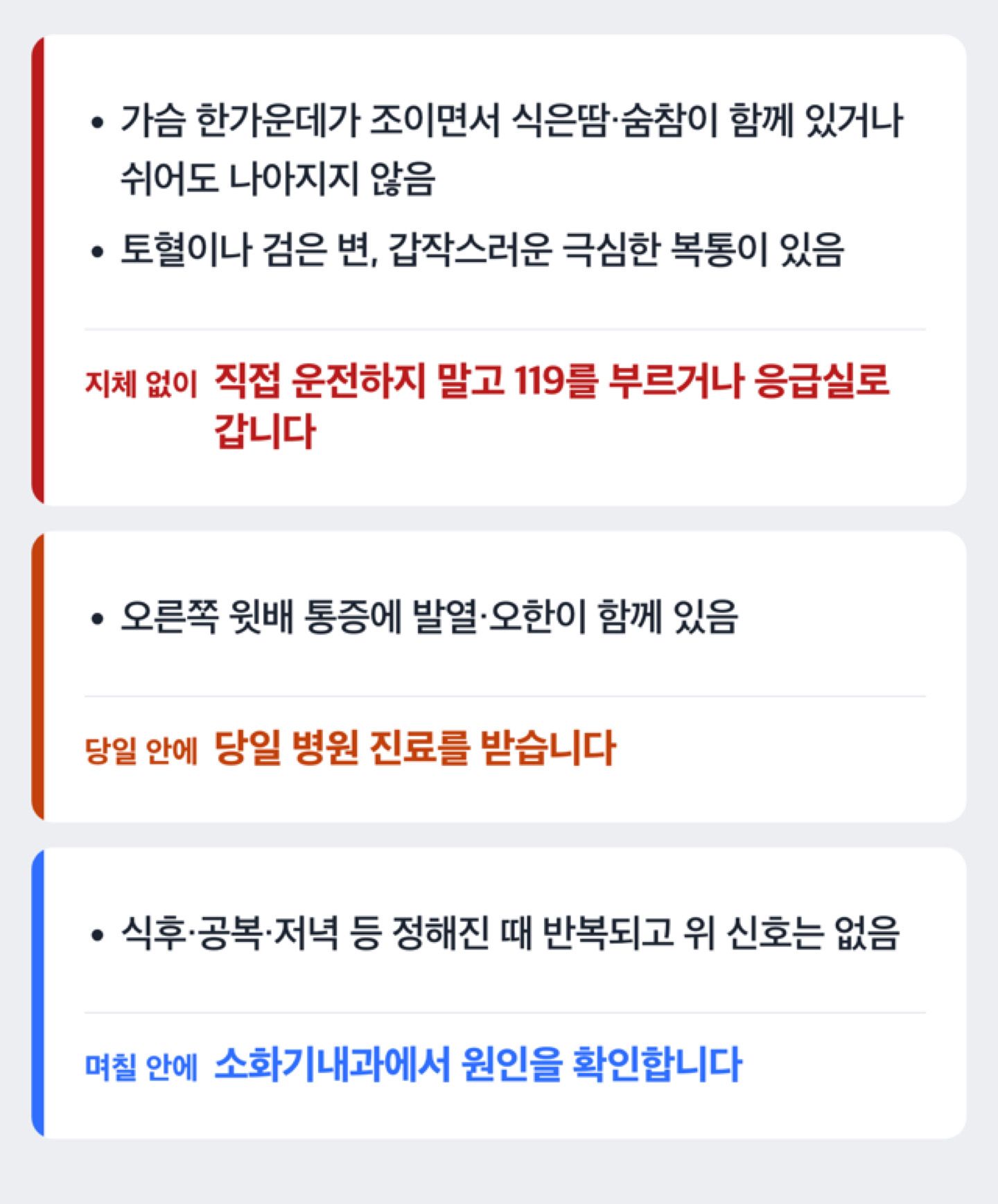 명치 통증에서 서둘러야 하는 정도를 세 갈래로 나눈 도해