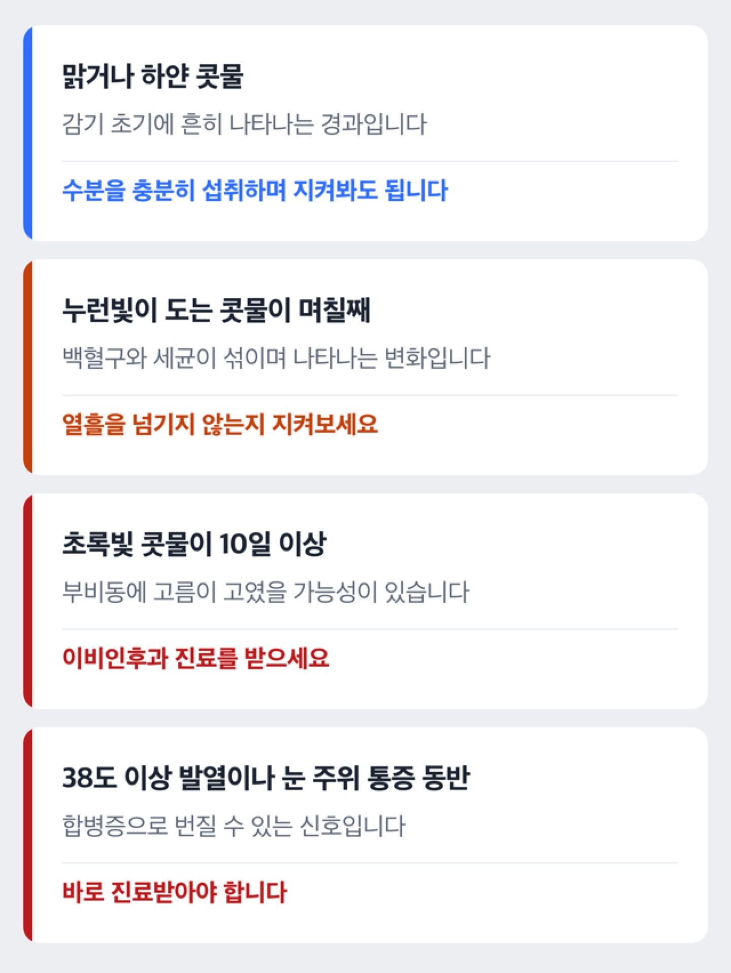 코고름 색깔별 상태와 대응 도해