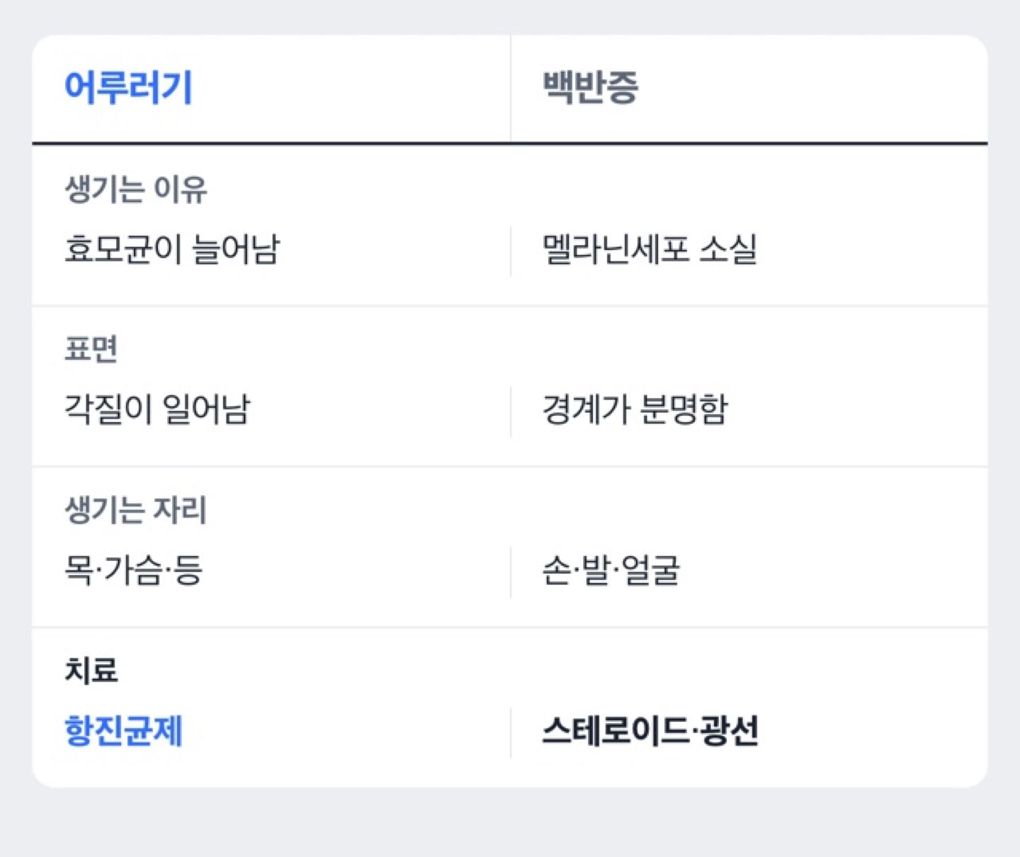 어루러기와 백반증을 원인·표면·부위로 나눈 비교 도해