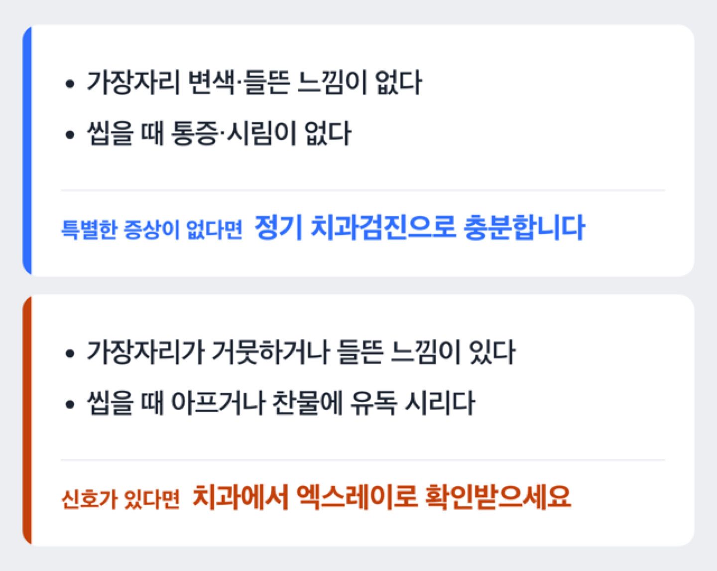 증상 유무에 따라 정기검진으로 충분한지 치과 방문이 필요한지 가르는 판단 기준 도해