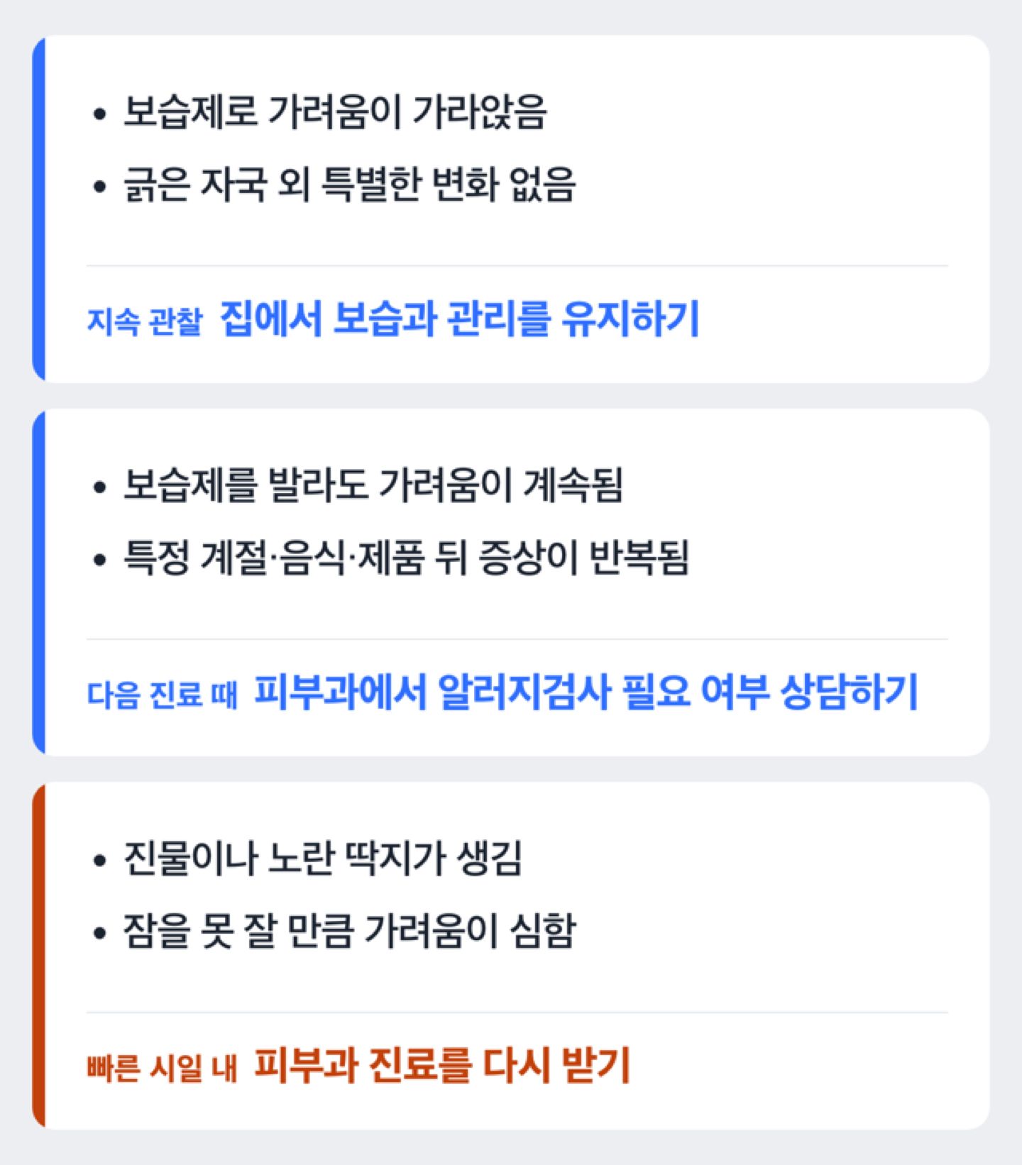 아토피 증상 상태에 따라 집에서 관리할지, 알러지검사를 상담할지, 빠르게 진료를 볼지 정리한 판단 흐름도