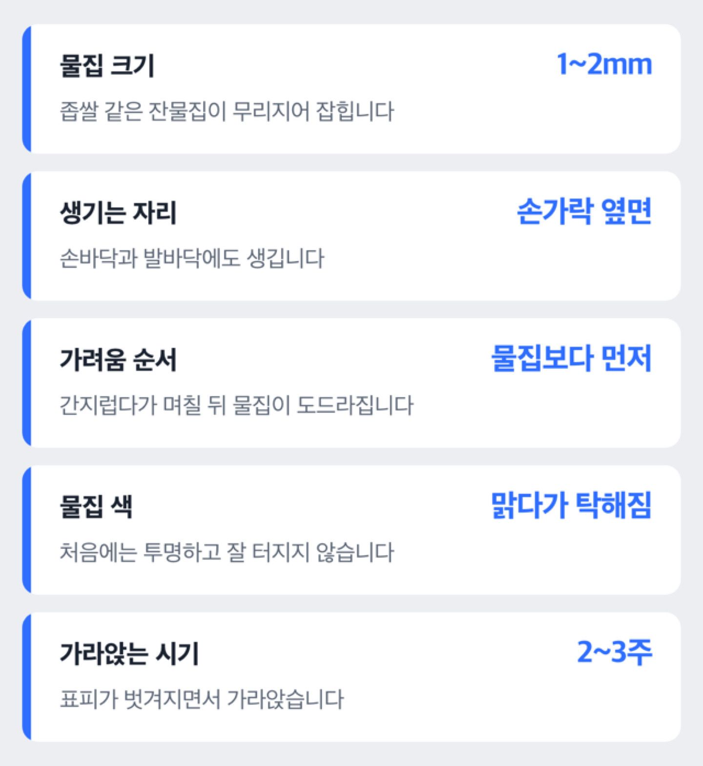 한포진 물집을 다른 물집과 구분해 보는 관찰 항목을 정리한 도해