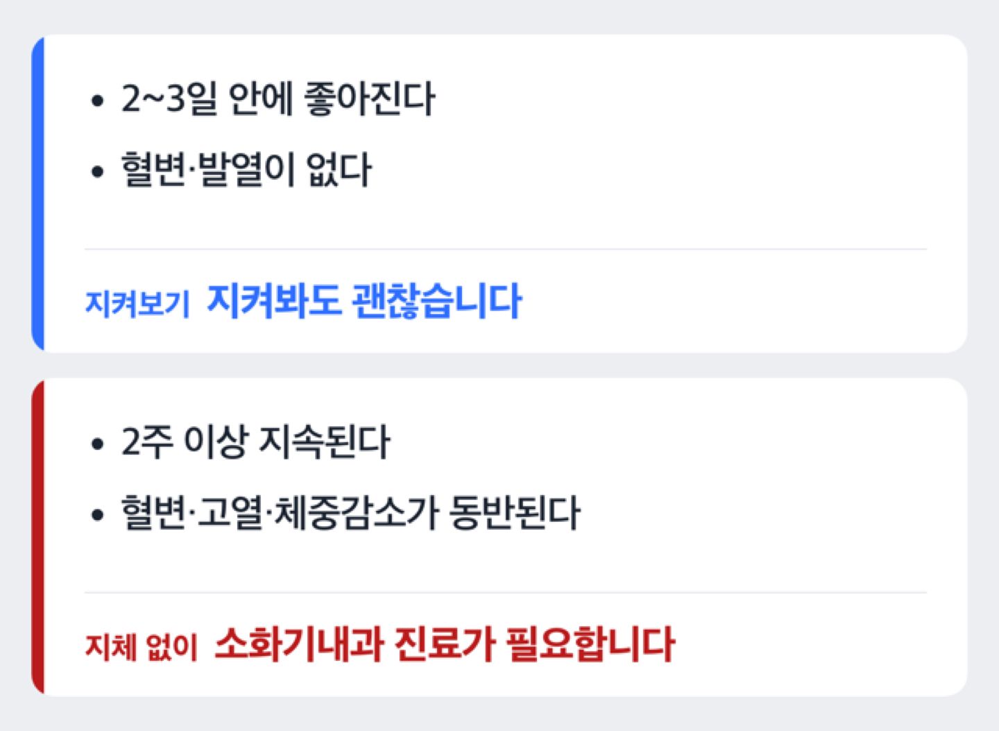 묽은변이 지속될 때 병원에 가야 하는 기준을 보여주는 판단 흐름도