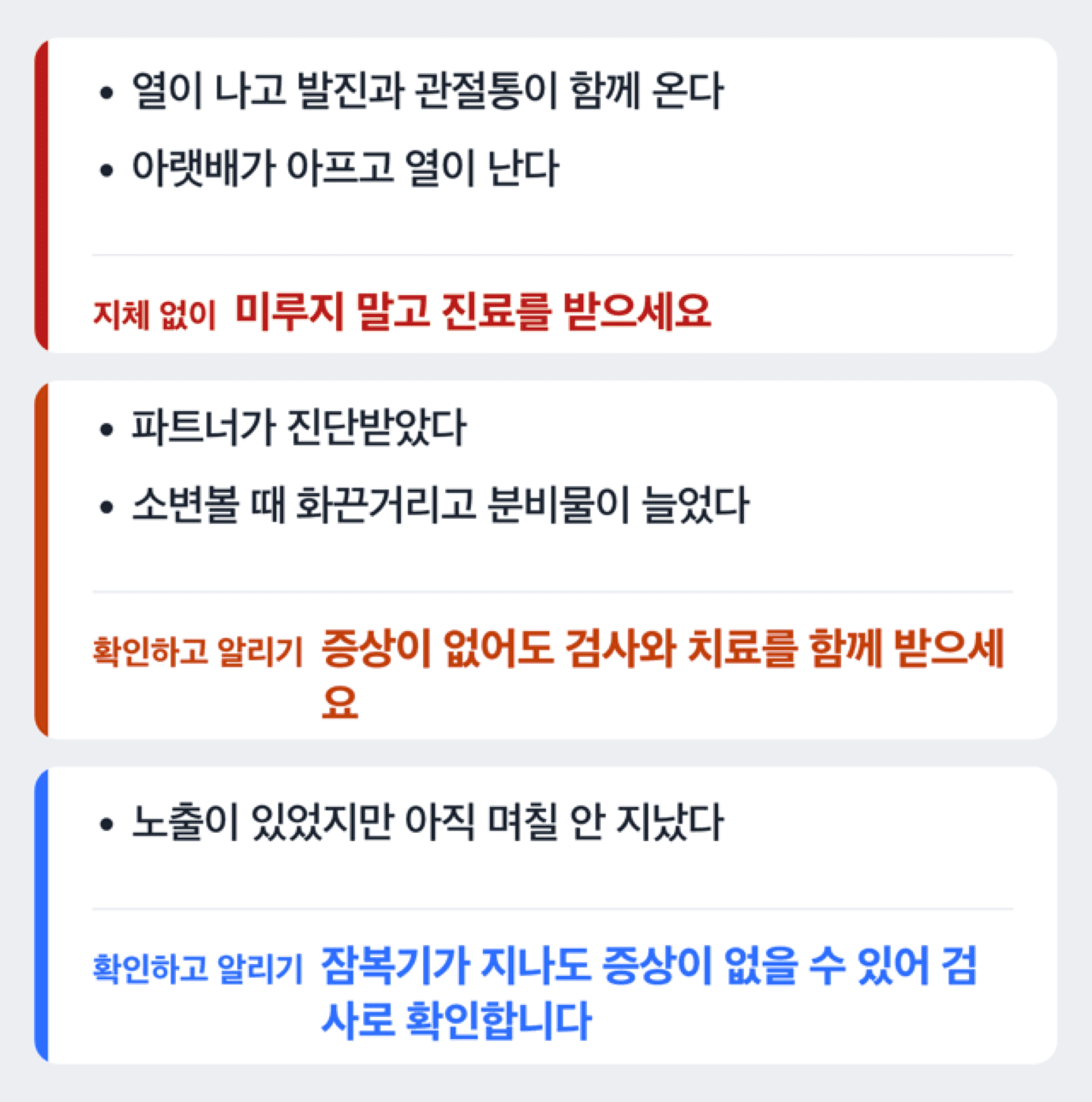 증상 유무와 노출 이력에 따라 검사와 진료 시점을 가르는 도해