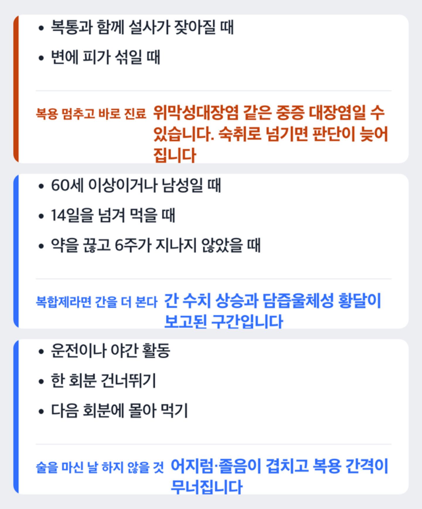 아목시실린 복용 중 음주가 겹치는 세 자리를 정리한 도해