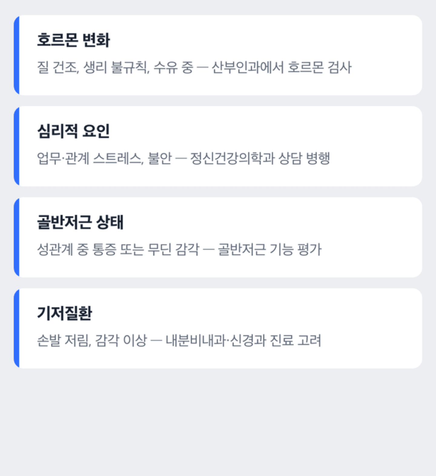 오르가즘에 영향을 주는 네 가지 원인 유형(호르몬·심리·골반저근·기저질환)을 나누어 보여주는 분류 도해