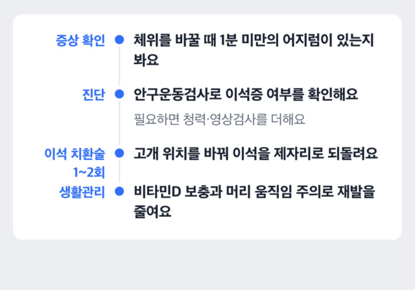 증상 확인부터 안구운동검사로 진단, 이석 치환술 1~2회, 생활관리로 재발 예방까지 이어지는 치료 흐름도