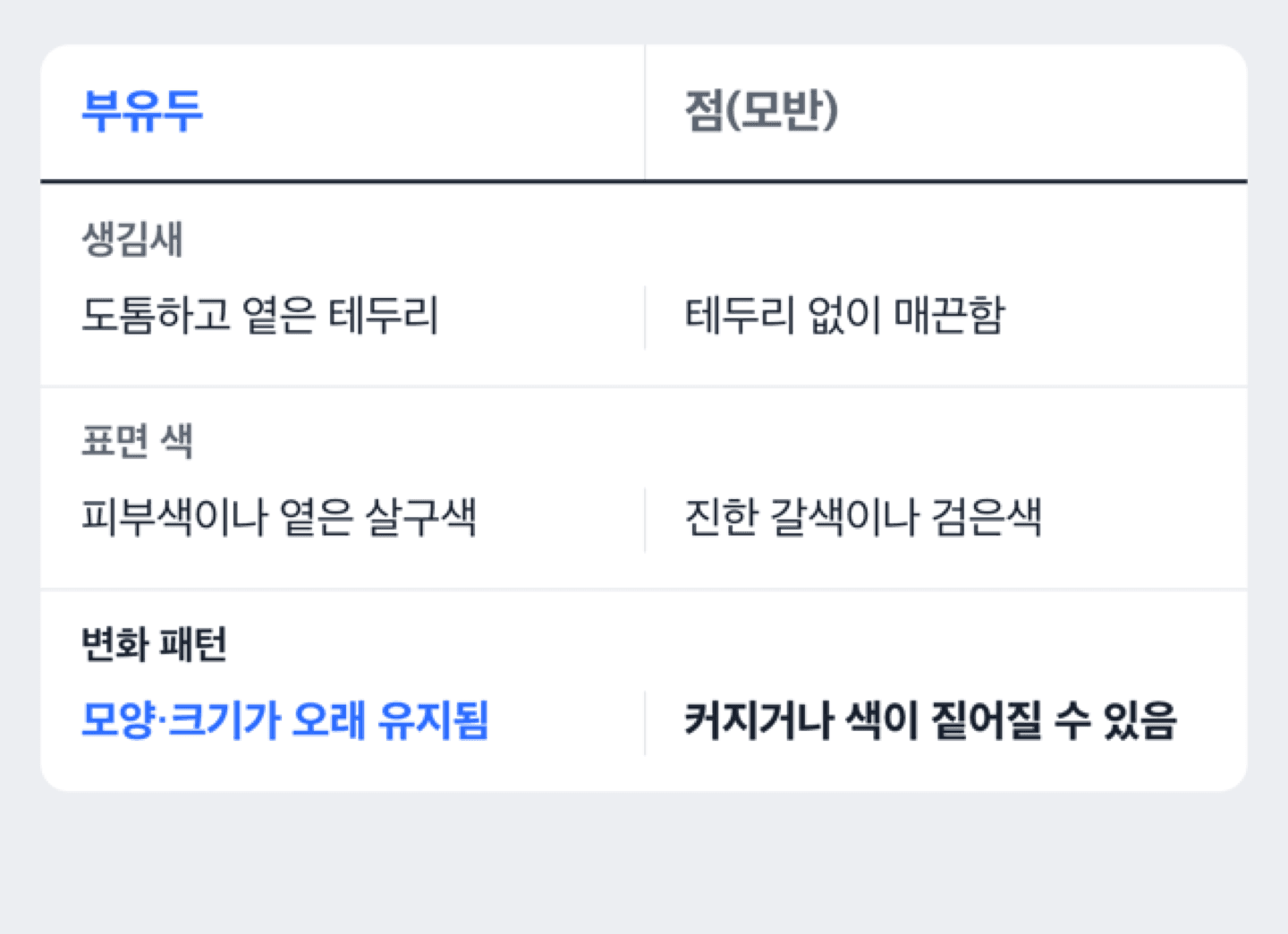 부유두와 점의 생김새·변화 패턴 비교 도해