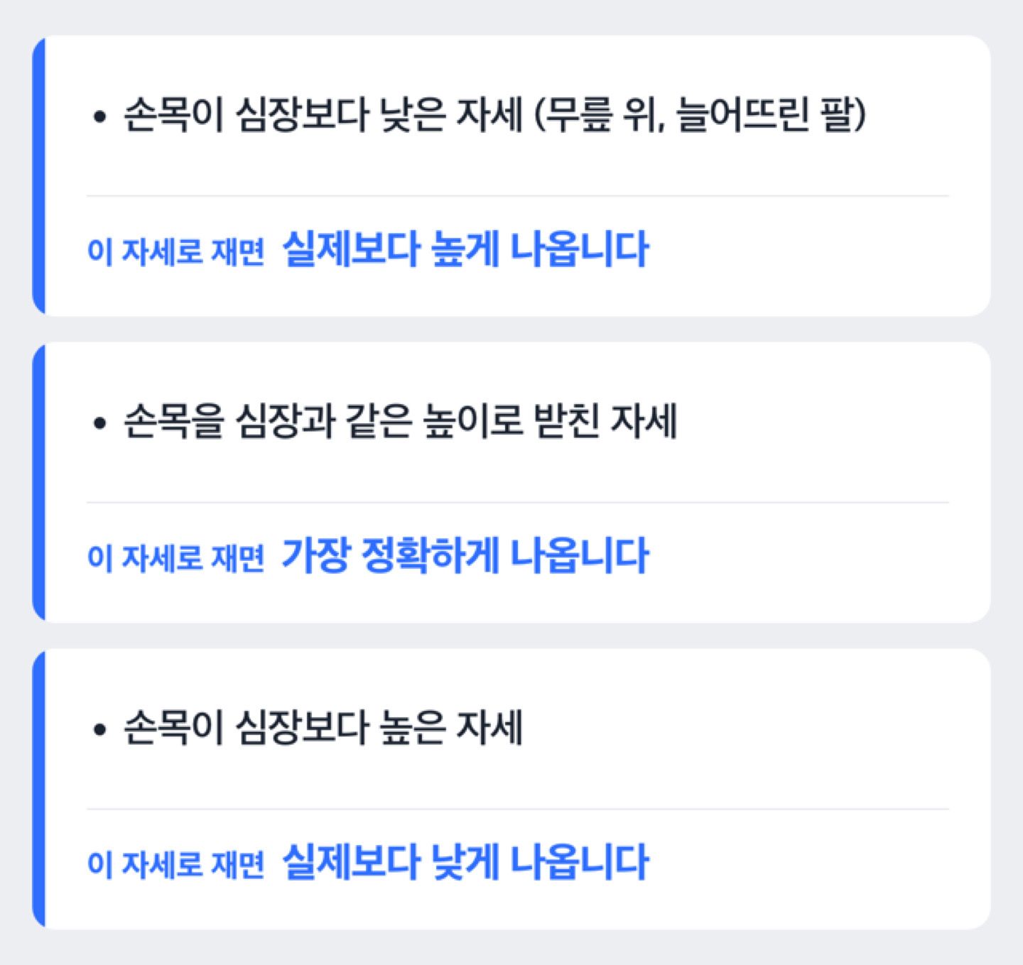 손목 높이가 심장보다 낮거나 높을 때 혈압 수치가 달라지는 것을 보여주는 분기 도해
