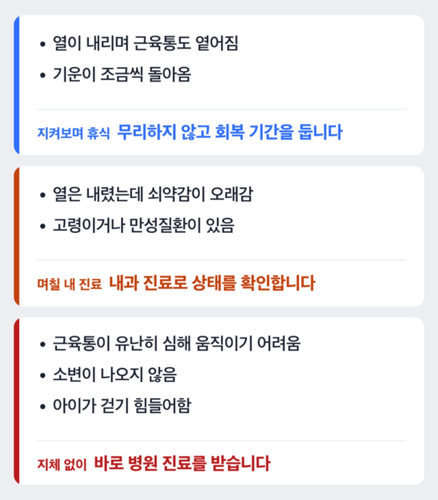 독감 근육통에서 쉬어도 되는 경우와 진료가 필요한 경우를 가르는 판단 도해