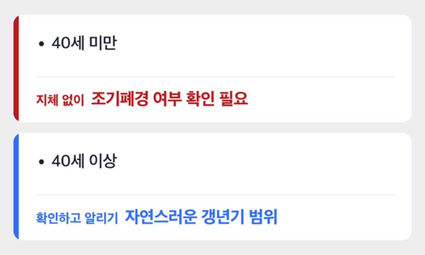 40세를 기준으로 조기폐경 여부를 가르는 흐름도