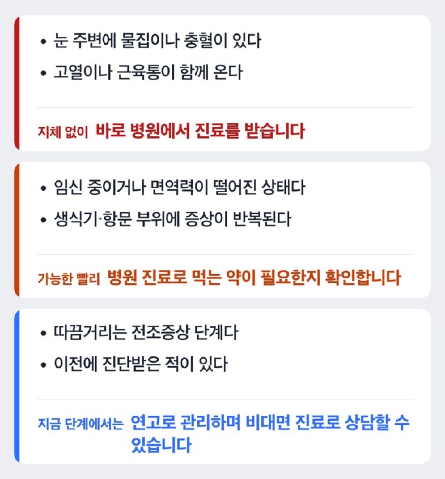 증상 단계에 따라 연고와 진료 중 무엇을 선택할지 보여주는 도해
