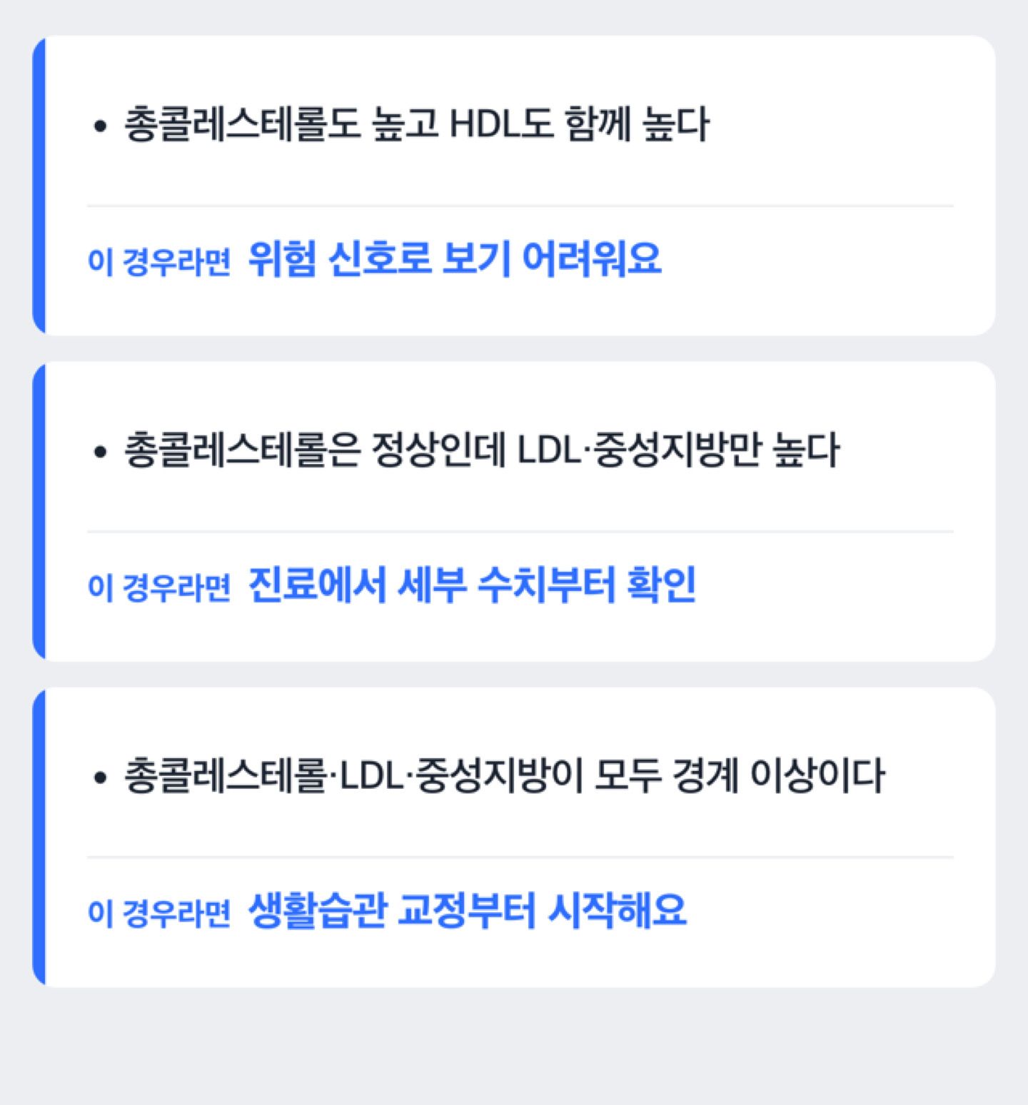 총콜레스테롤 수치와 HDL·LDL 조합에 따라 어떻게 판단할지 보여주는 흐름도