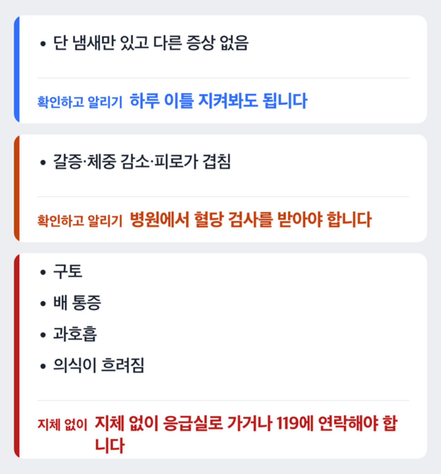 단 냄새와 동반 증상 여부에 따라 확인할 단계를 나눈 도해