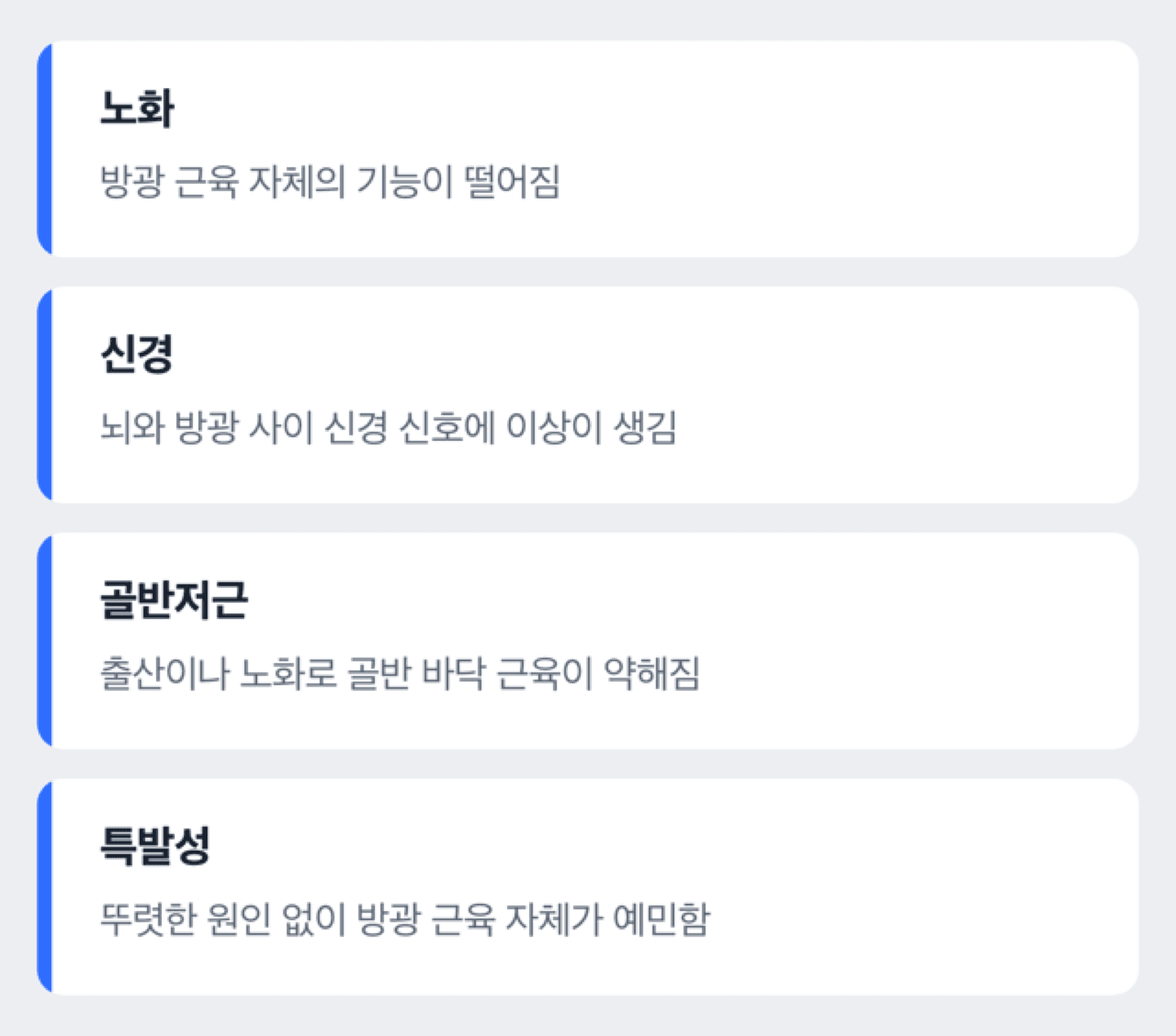 과민성방광 원인 유형을 노화·신경·골반저근·특발성으로 나눈 도해