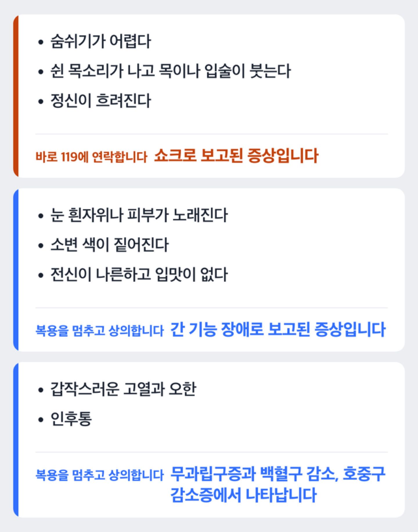 술 마신 다음 날 나타난 증상을 지켜봐도 되는 것과 복용을 멈추고 바로 상의할 것으로 가르는 도해