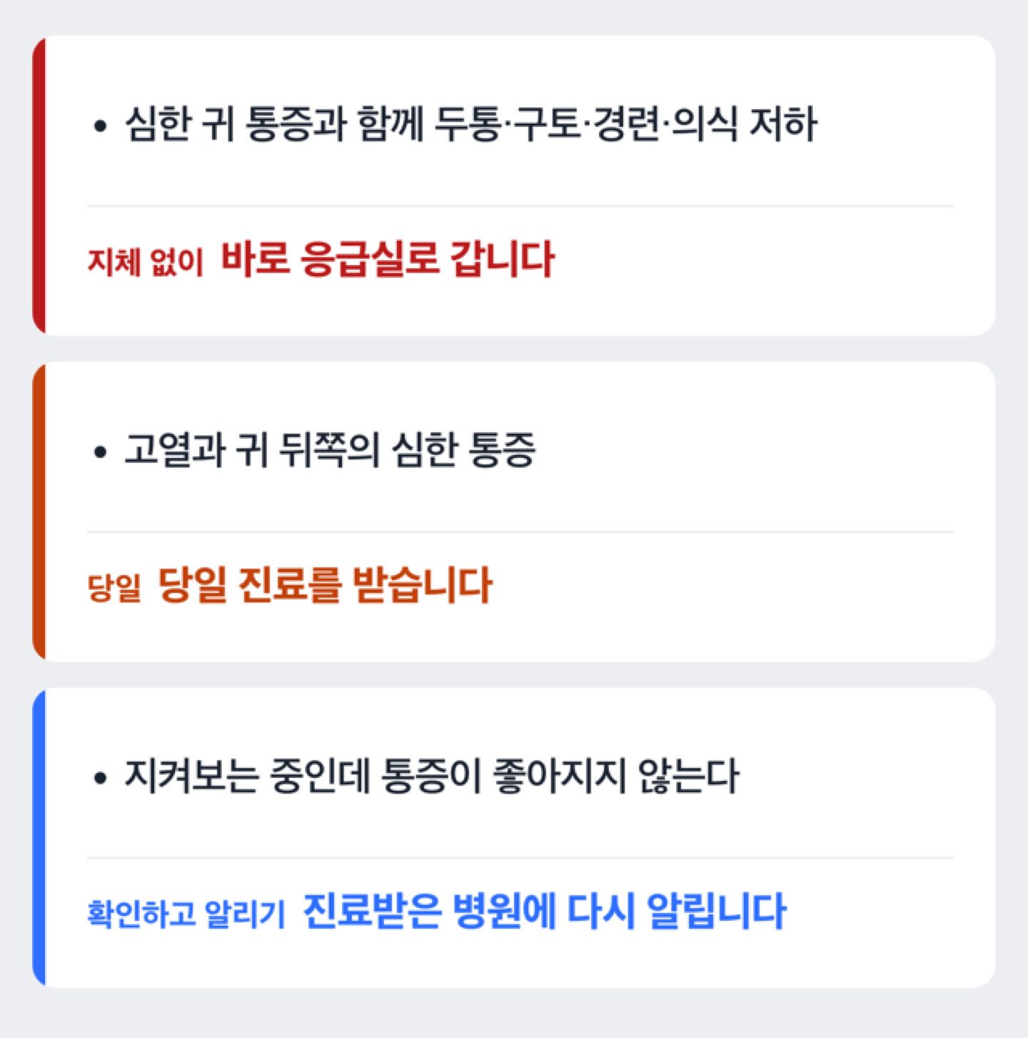 병원에 가야 하는 신호 도해: 두통·구토·경련·의식 저하는 응급실, 고열과 귀 뒤쪽 통증은 당일 진료, 좋아지지 않으면 병원에 다시 알림