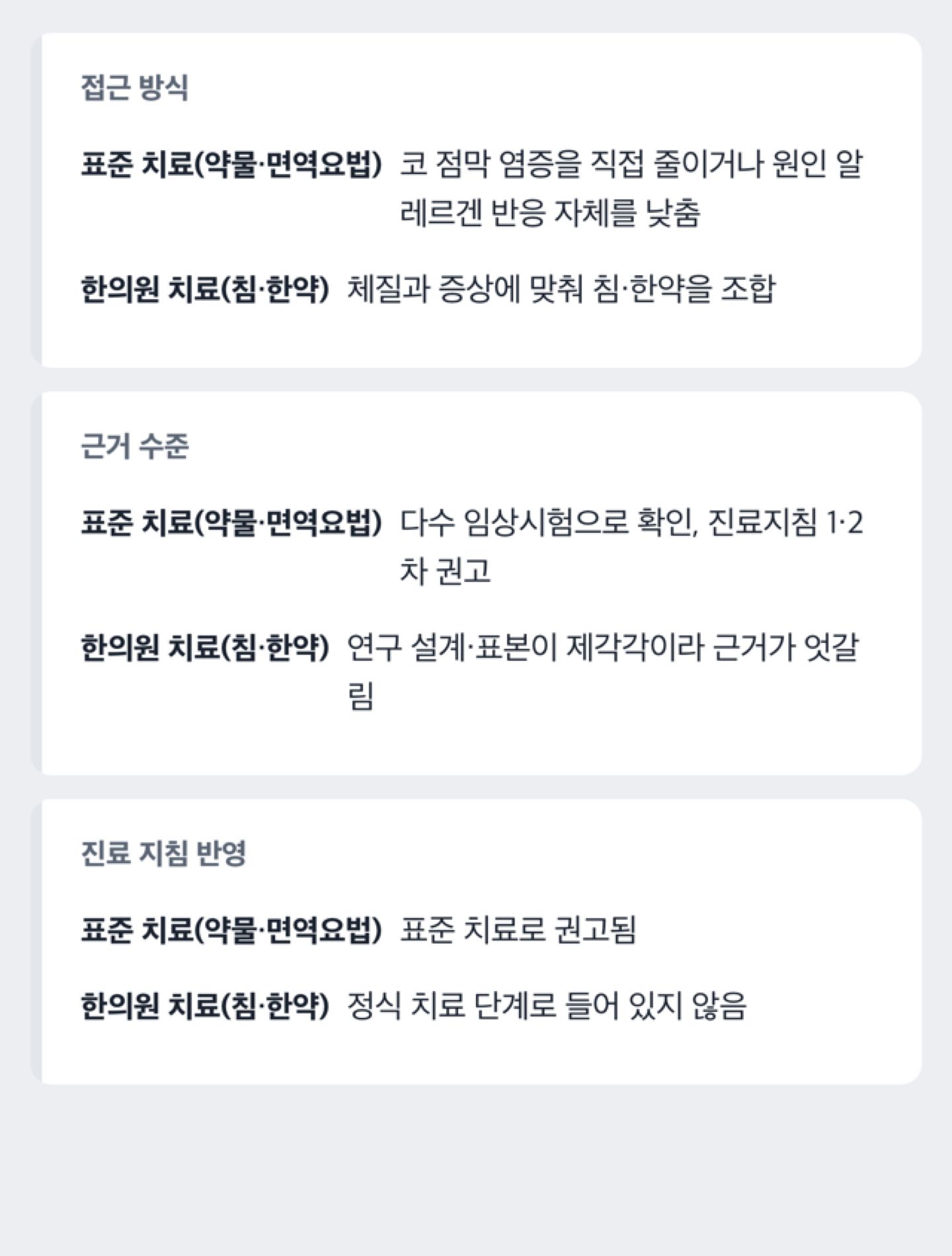 항히스타민제·면역요법·한의원 치료의 근거 수준을 비교한 도해