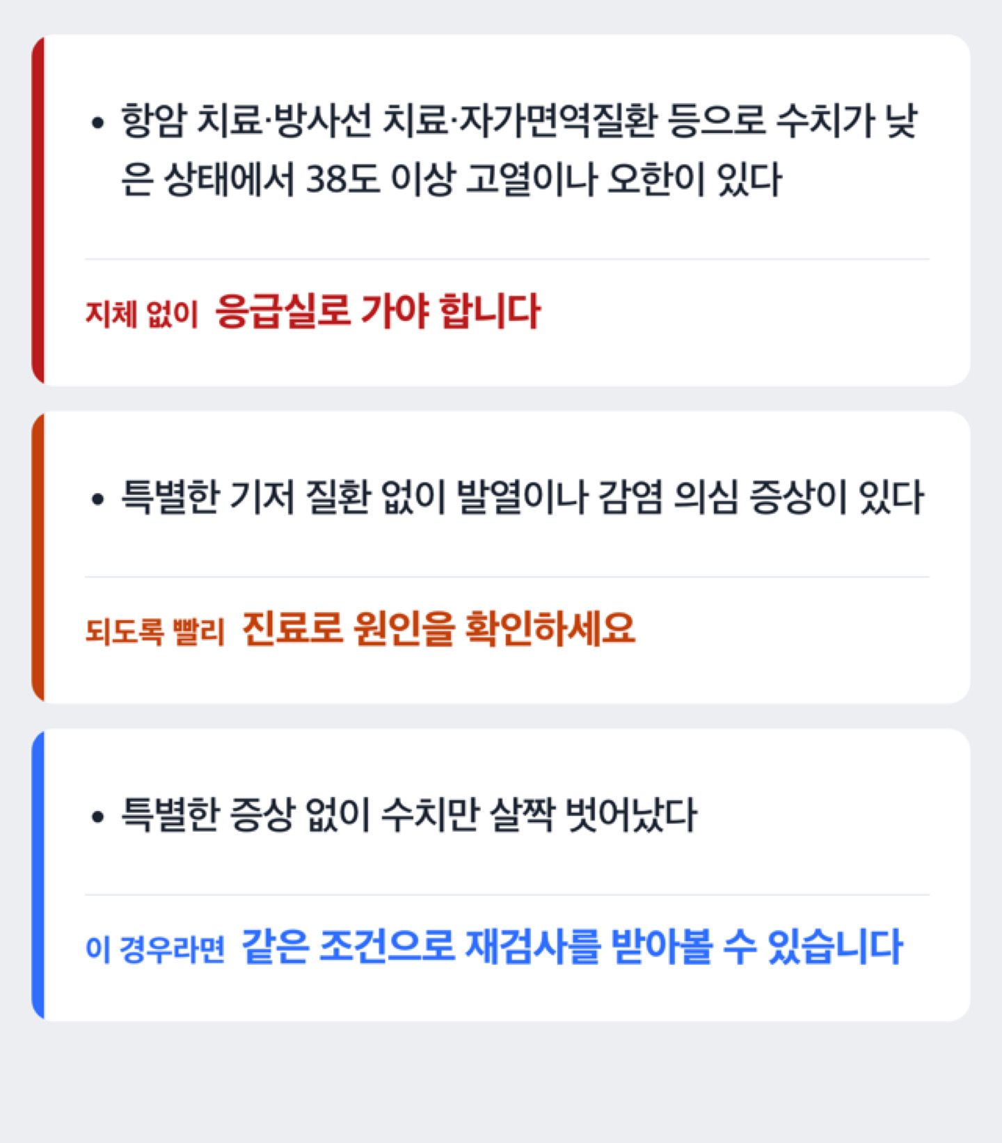 증상 유무에 따라 백혈구수치 재검사 또는 진료를 선택하는 흐름도