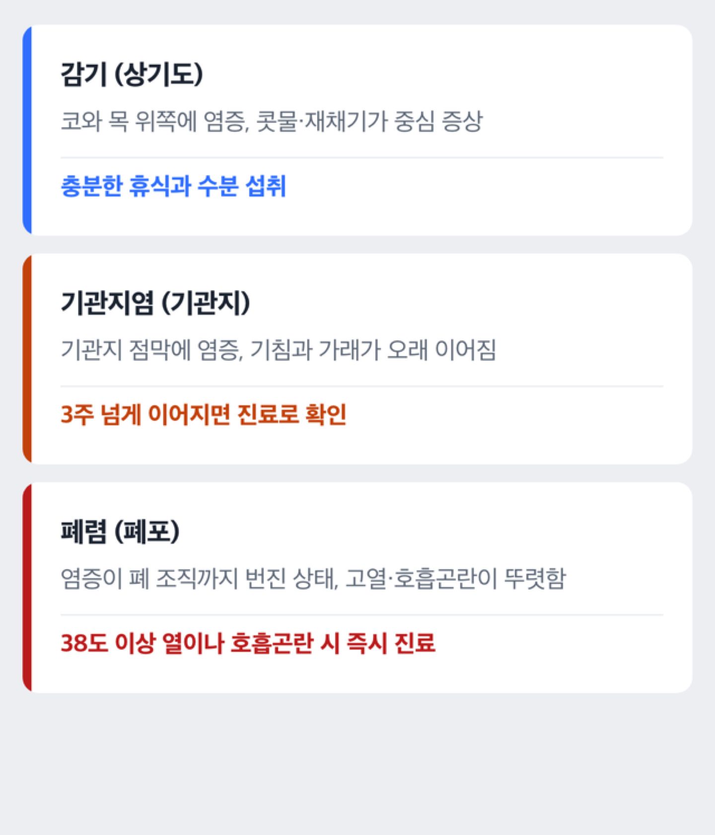 감기·기관지염·폐렴 침범 부위·증상 비교 도해