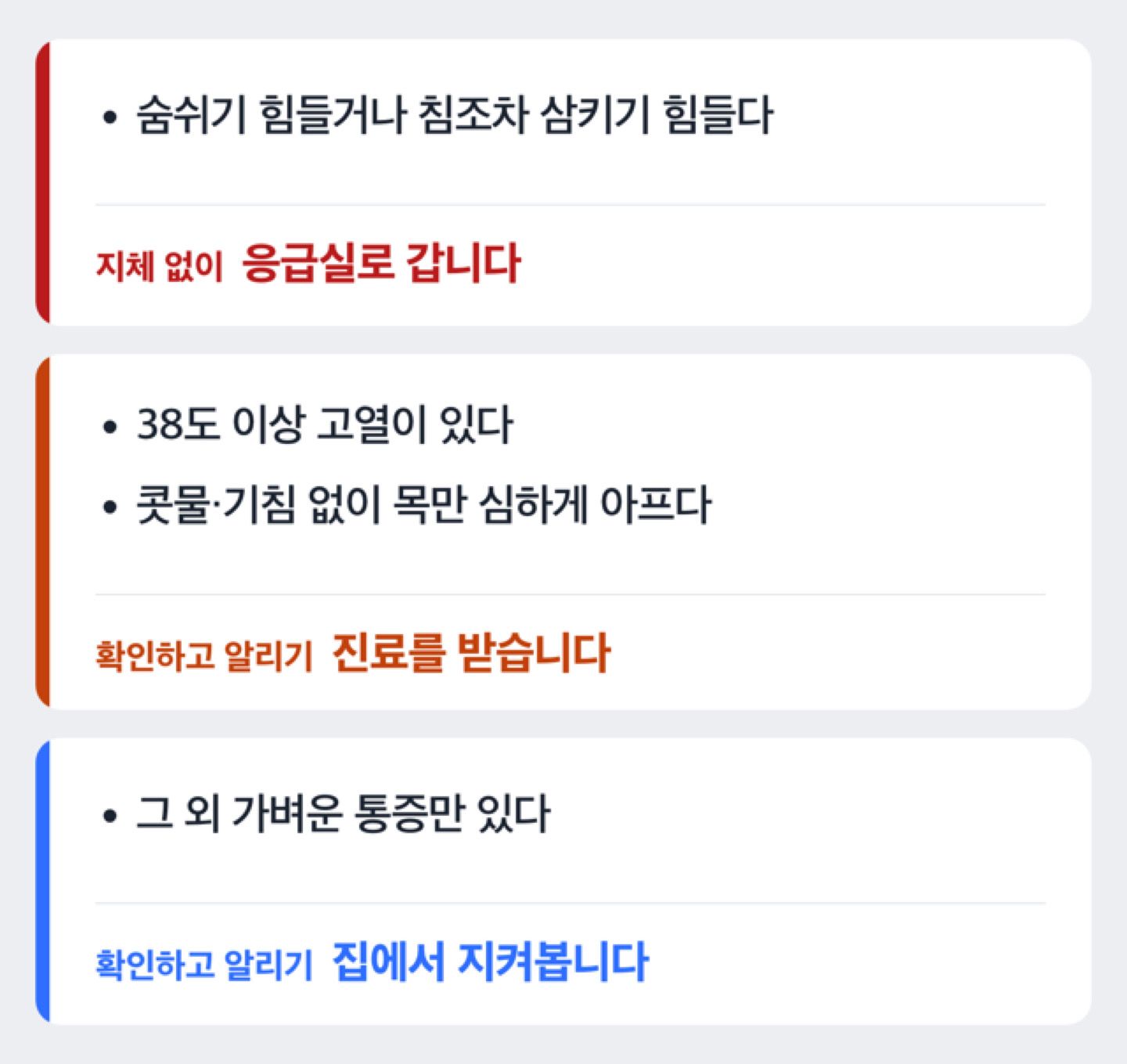 세균 감염 의심 신호와 응급 신호에 따라 자가관리·진료·응급실을 안내하는 판단 흐름도