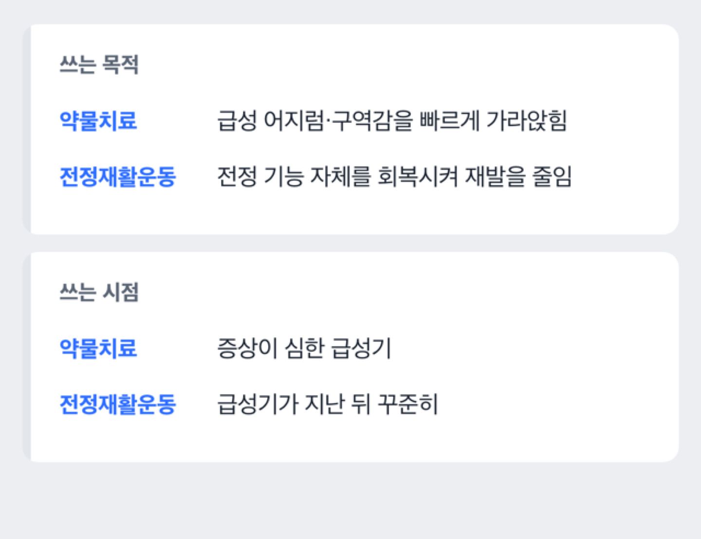 약물치료와 전정재활운동이 각각 어떤 역할을 하는지 비교하는 도해