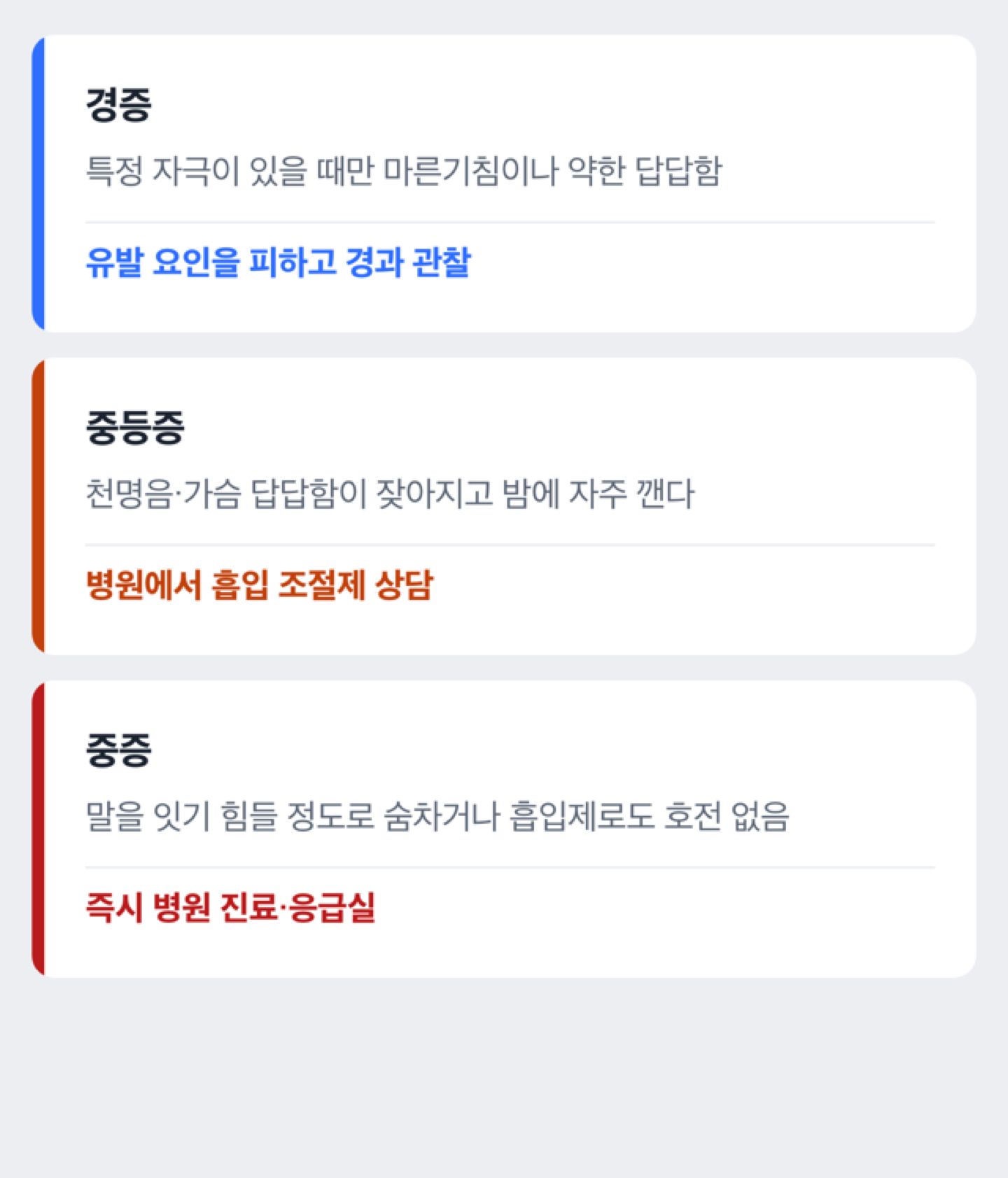 천식 증상이 경증에서 중증으로 심해지는 단계 도해