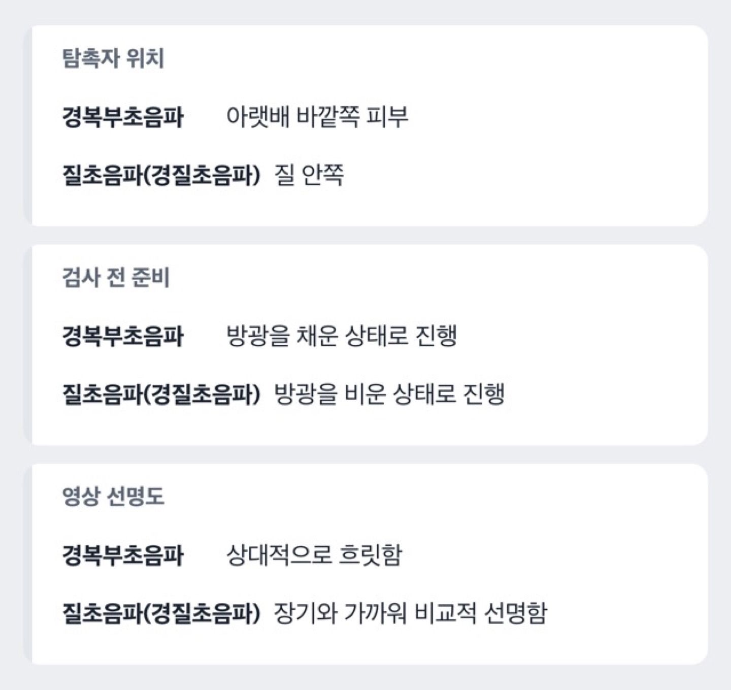 경복부초음파와 질초음파 검사 방법 차이를 보여주는 도해