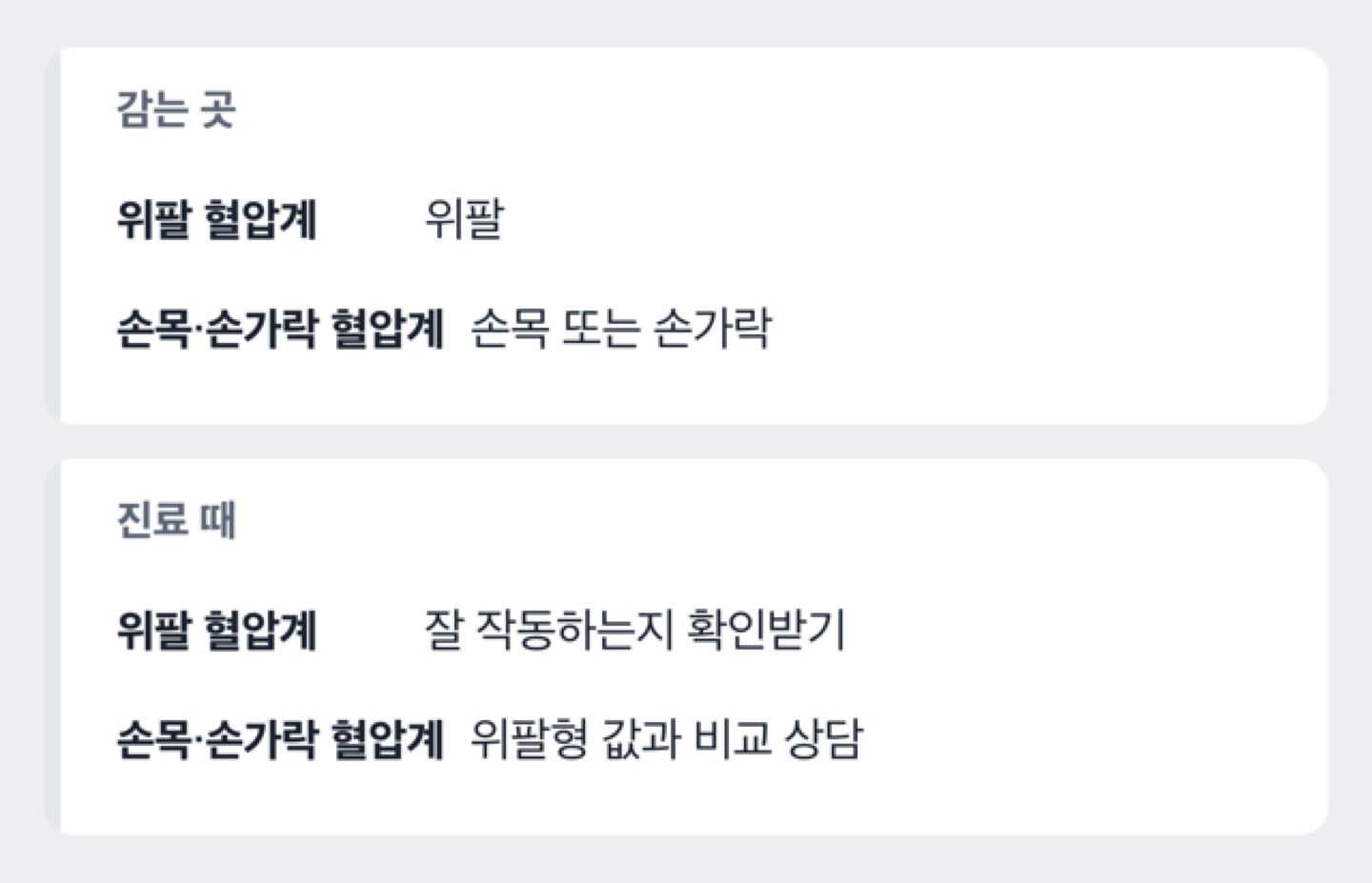 위팔 혈압계와 손목·손가락 혈압계를 감는 곳과 진료 때 확인할 점으로 비교한 도해
