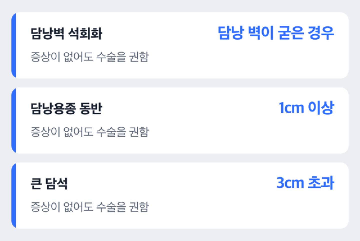 도해: 증상이 없어도 담낭절제술을 권하는 경우: 담낭벽 석회화, 1cm 이상 담낭용종 동반, 3cm 초과 담석