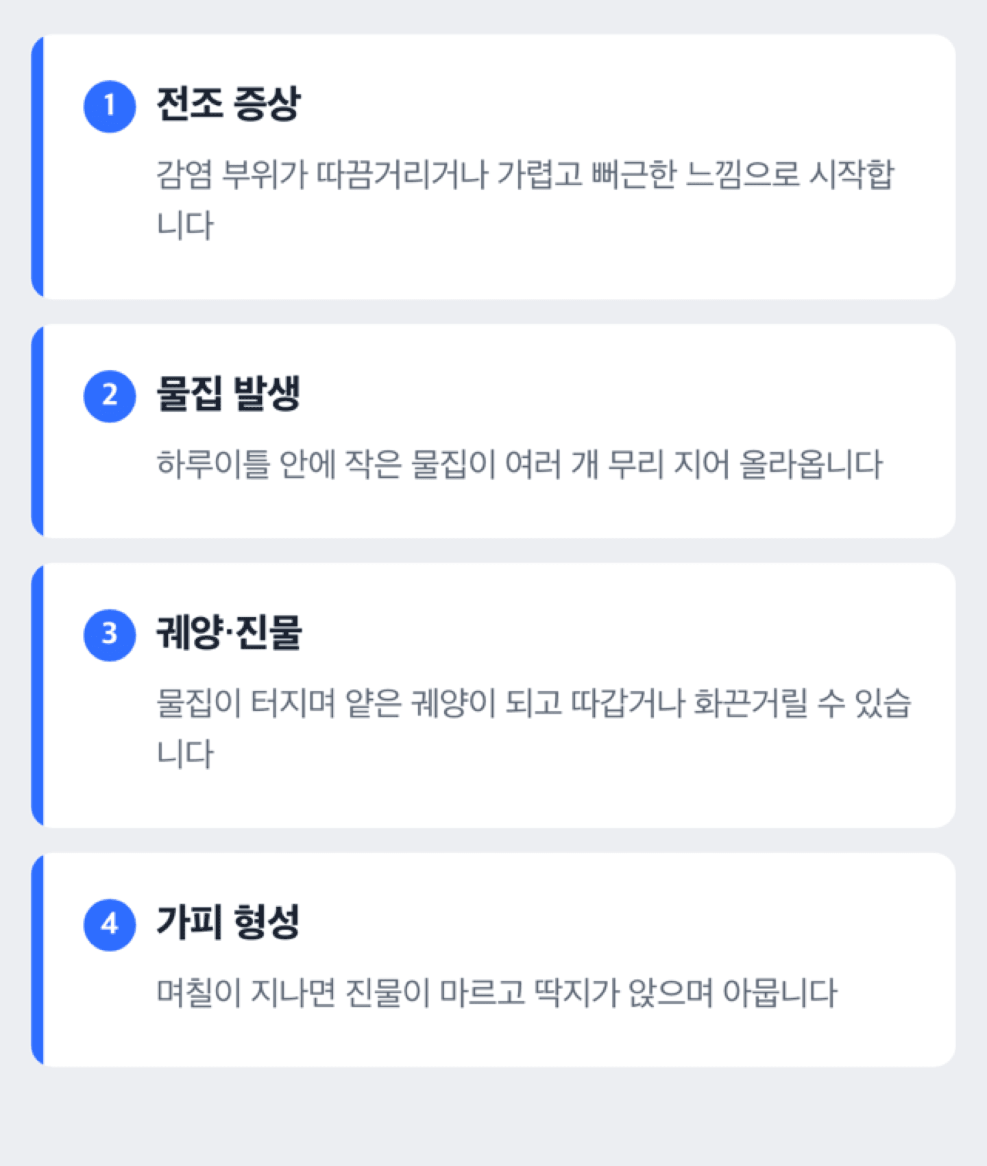 전조증상부터 가피까지 헤르페스 증상 진행 단계를 보여주는 도해