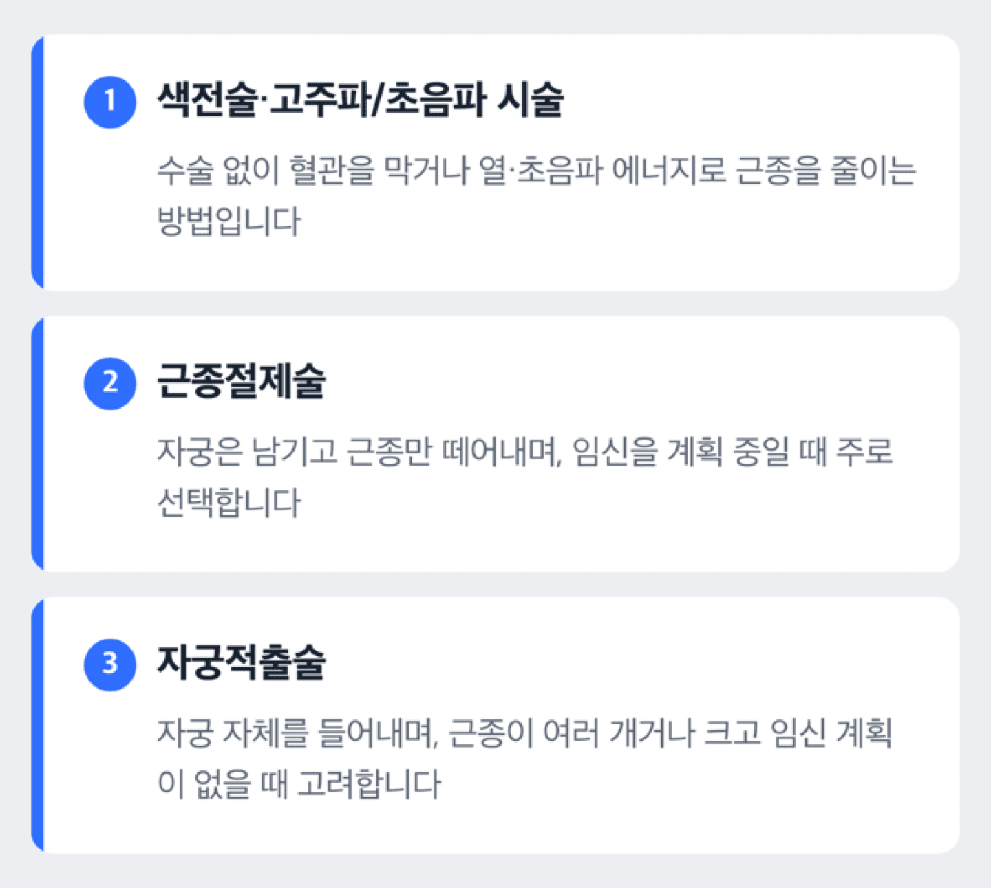 자궁근종 치료 방법을 근종절제술·자궁적출술·비수술 시술로 나눈 도해