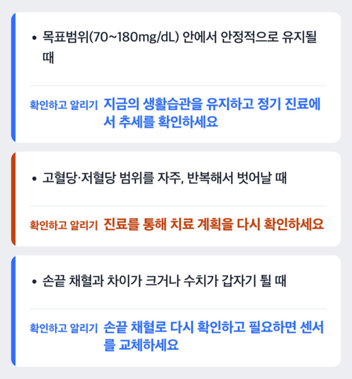 연속혈당측정 수치와 상황에 따라 다음 행동이 다른 것을 보여주는 도해