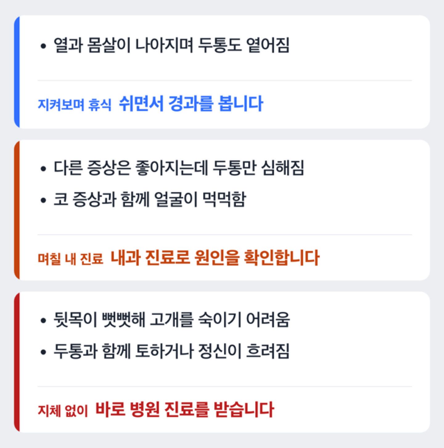 독감 두통에서 지켜볼 경우와 바로 진료가 필요한 경우를 가르는 판단 도해