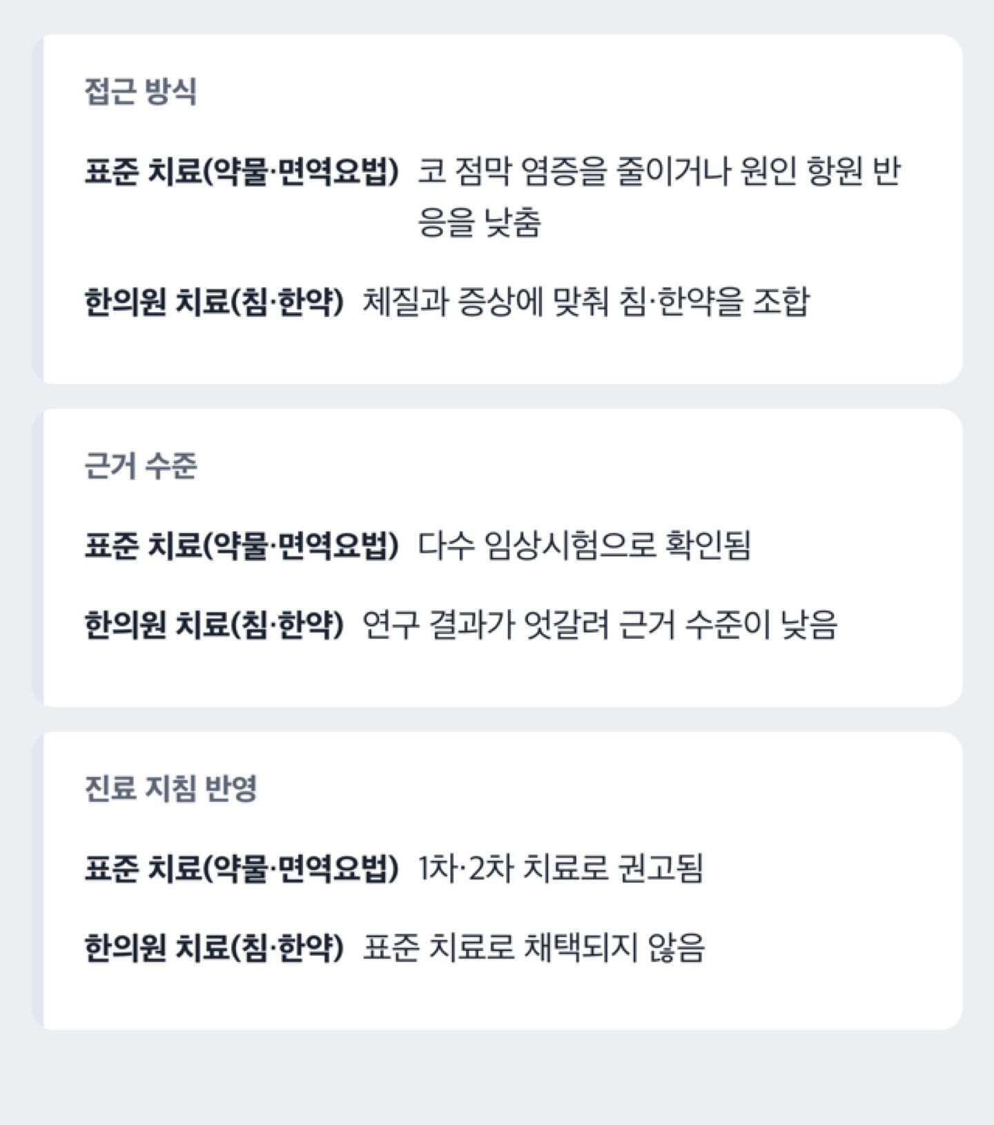 약물치료·면역요법·한의원 치료의 근거 수준을 비교한 도해