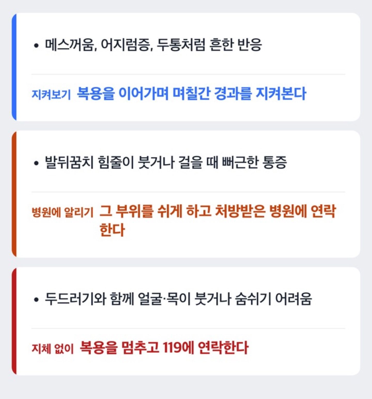 레보플록사신 복용 중 경미한 반응과 병원에 바로 가야 하는 응급 신호를 비교한 도해