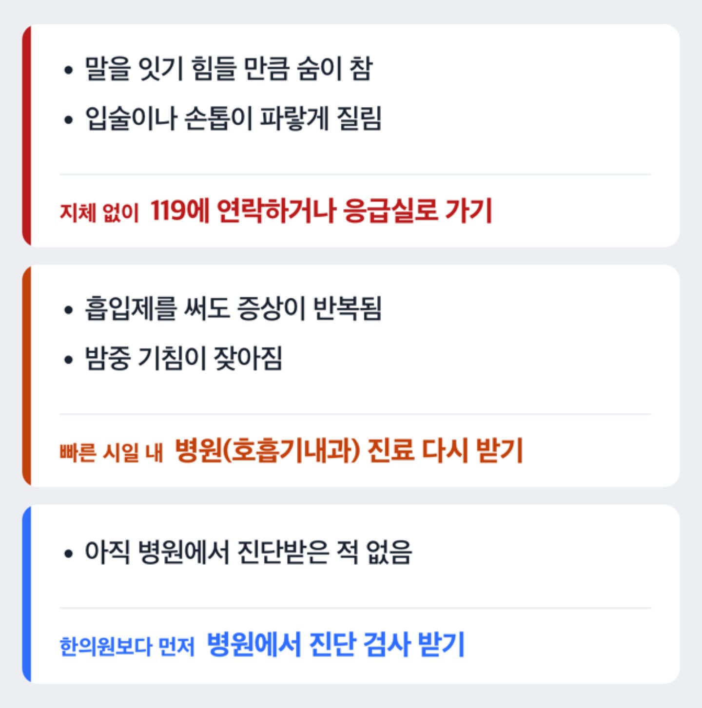천식 증상 정도에 따라 병원과 한의원 중 어디로 갈지 정리한 도해