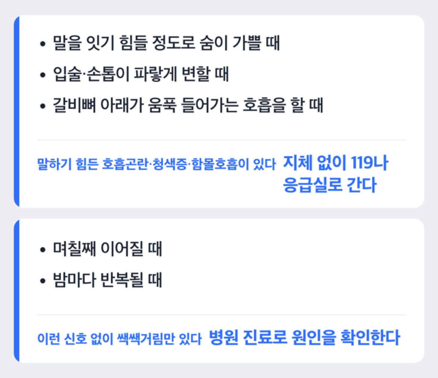 응급실로 가야 하는 신호와 병원 진료로 충분한 경우를 가르는 도해