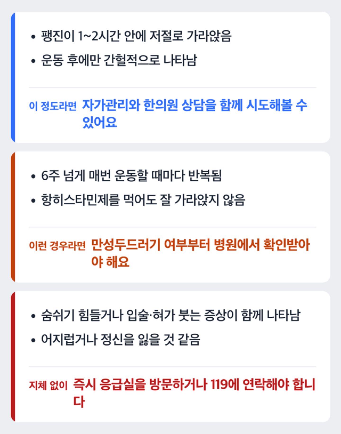 콜린성두드러기 증상 정도에 따라 자가관리와 병원 진료 중 무엇이 다른지 보여주는 판단 흐름도