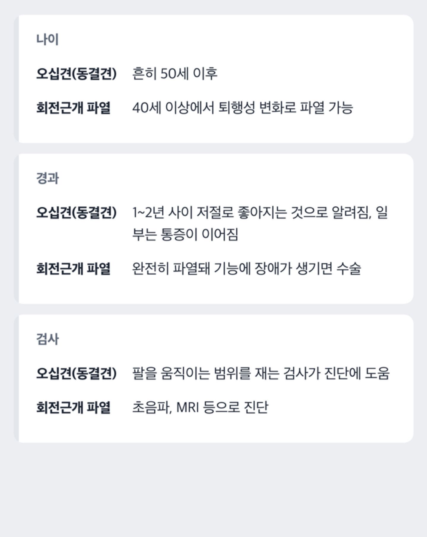 오십견과 회전근개 파열을 나이·경과·진단 방법으로 나란히 비교한 도해(진단이 아니라 기관 서술 비교)