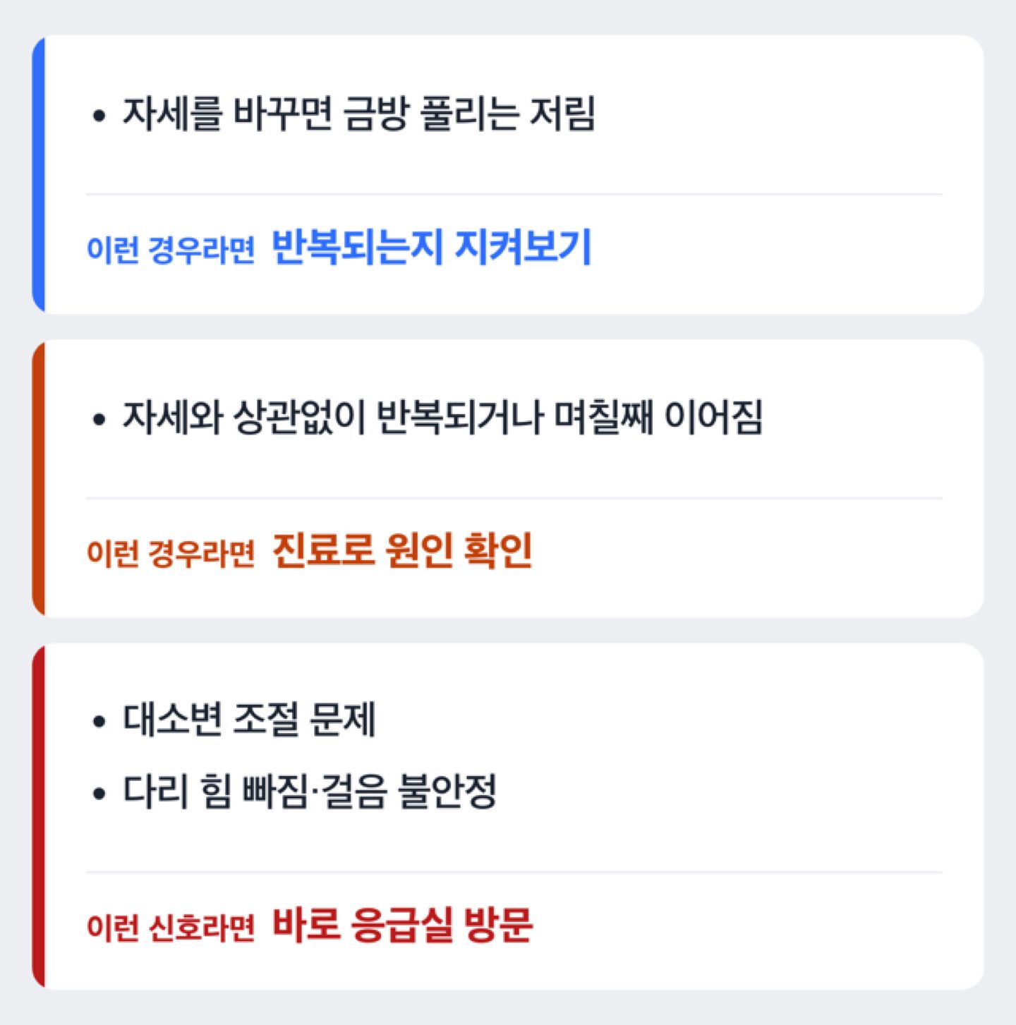 다리저림이 반복될 때 병원에 가야 할지 판단하는 분기 도해