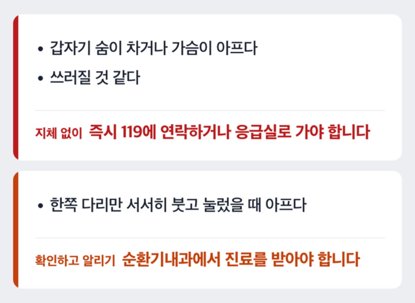 증상에 따라 병원 방문과 응급실 방문을 가르는 도해